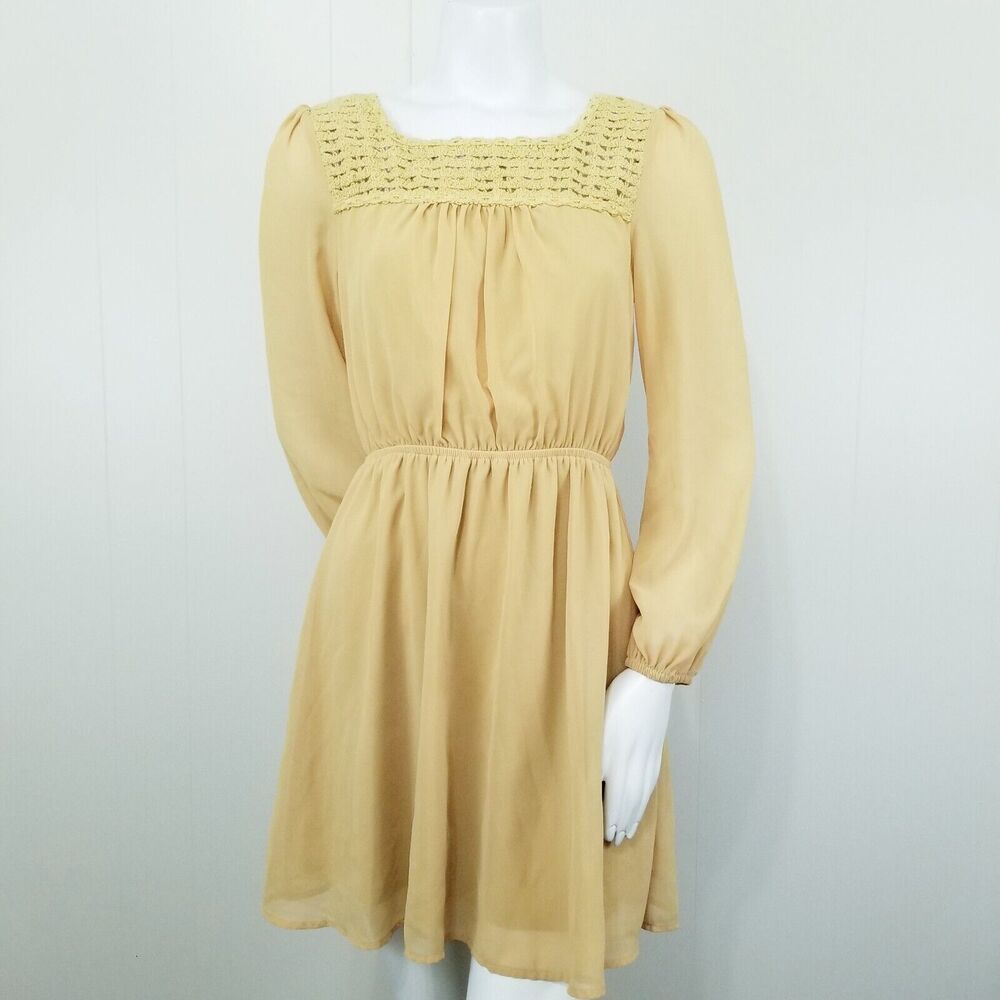 Cottage Boho Entro Dress Small Musturd Marigold Crochet Neck Mini Shift Fall